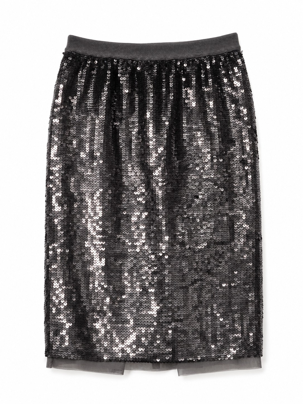 Dark Gray Sequin Midi Pencil Skirt With Elastic Wasit Band, Size Small